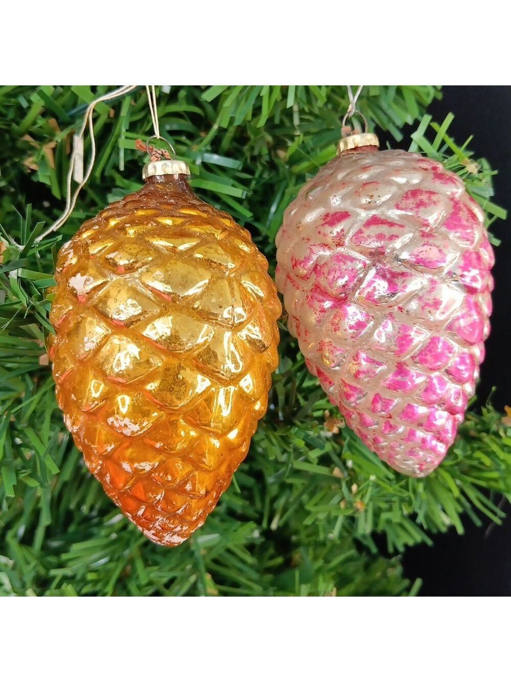 2 Rare Large Japan Frosted Pinecone Christmas Ornaments Japan Caps Mercury Glass